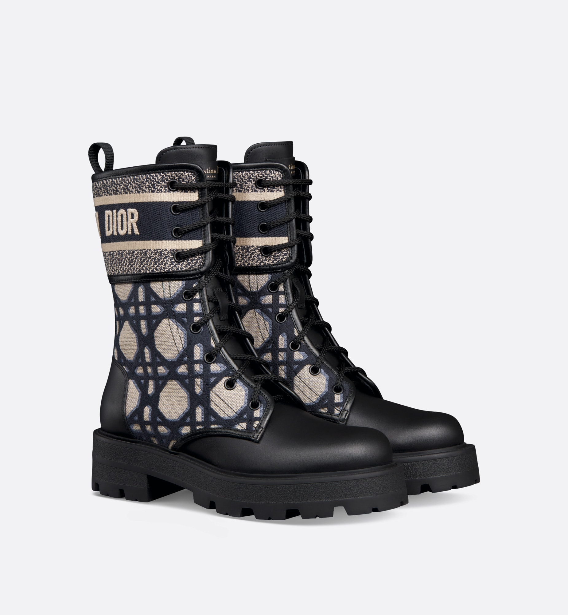 D-Major Ankle Boot Black Calfskin with Deep Blue and Beige Embroidered Cannage Cotton christian dior ankle boots black