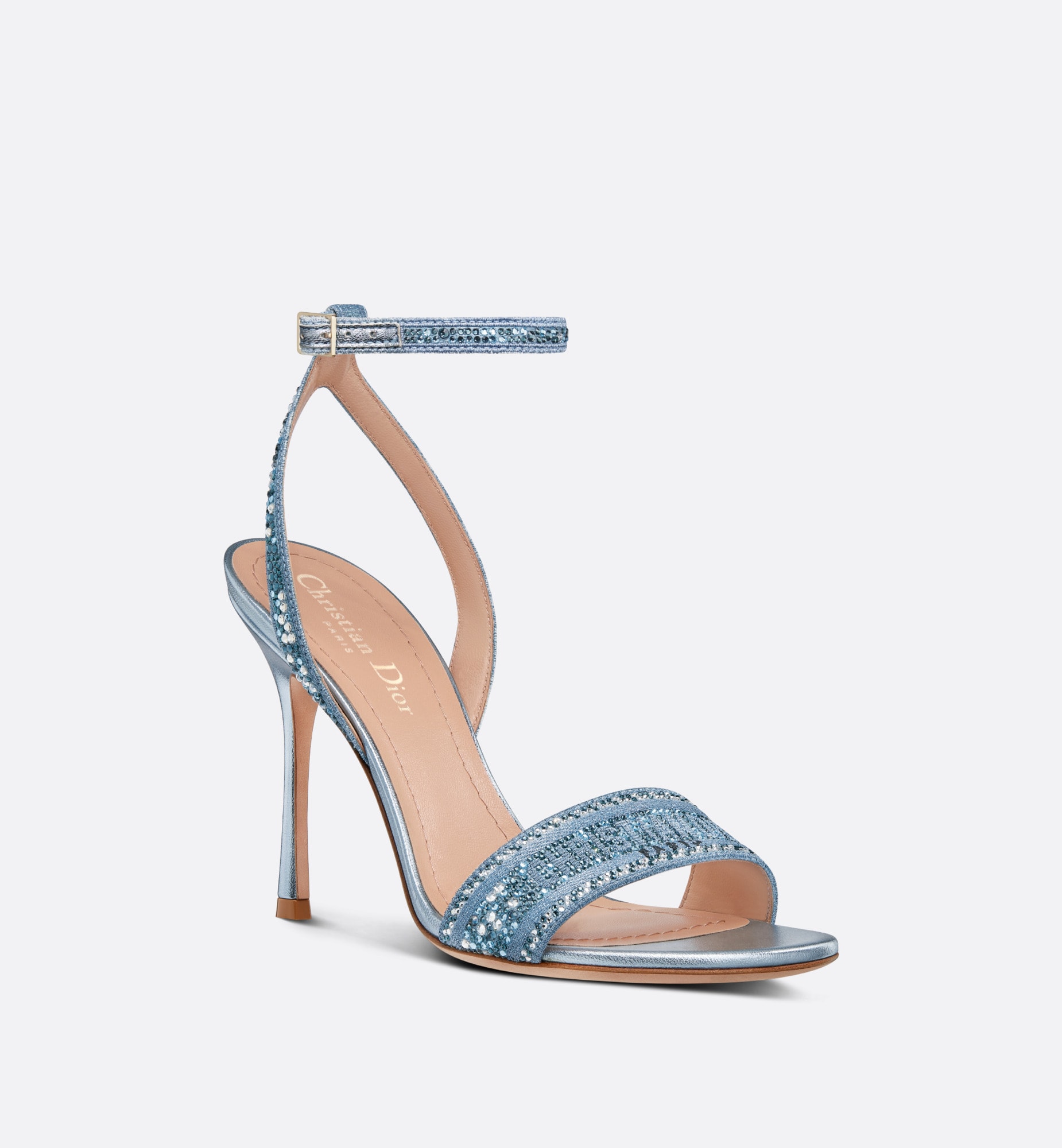 Dway Heeled Sandal Blue Cotton Embroidered with Metallic Thread and Strass christian dior dway sandals