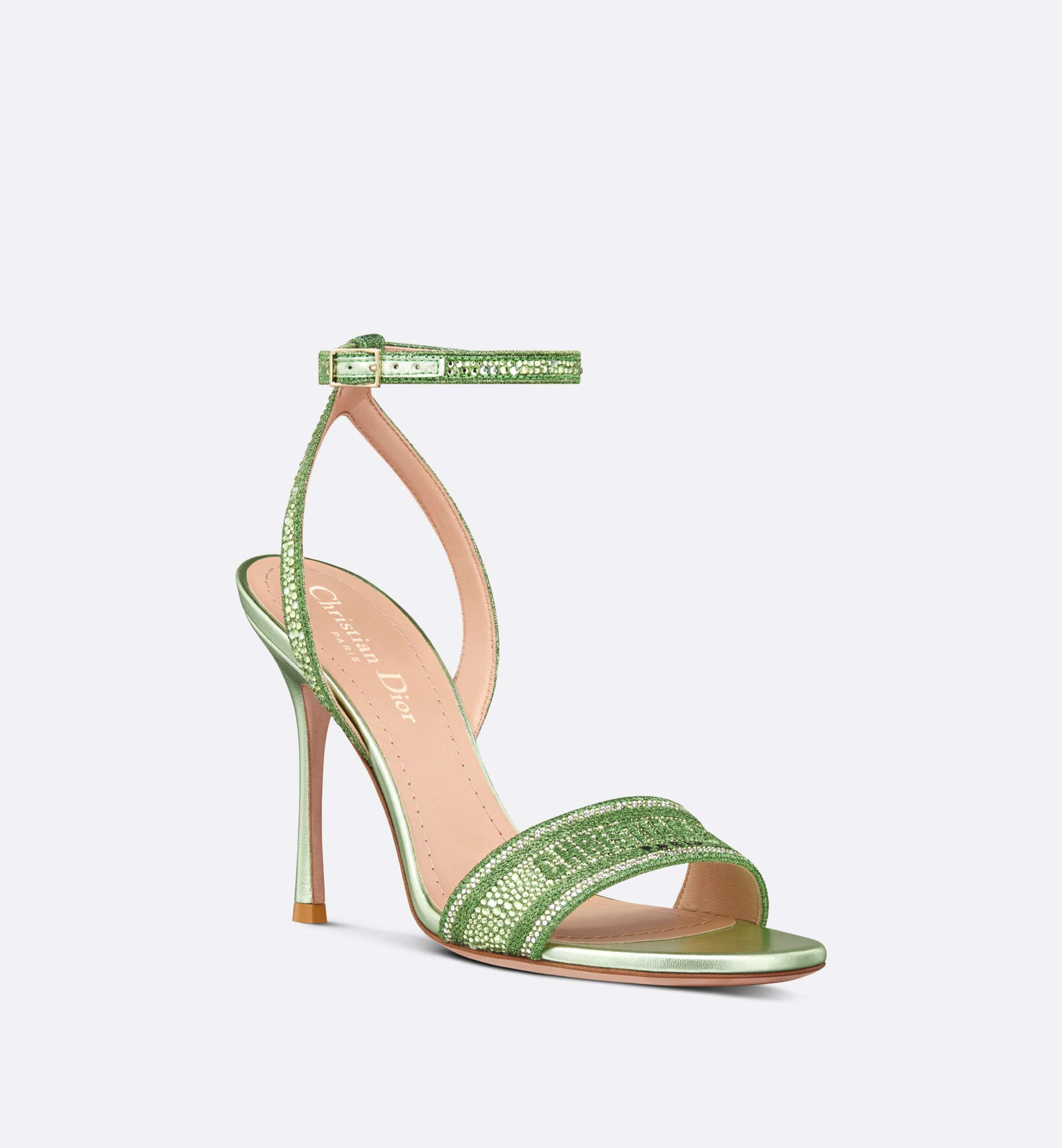 Dway Heeled Sandal Green Cotton Embroidered with Metallic Thread and Strass christian dior dway sandals