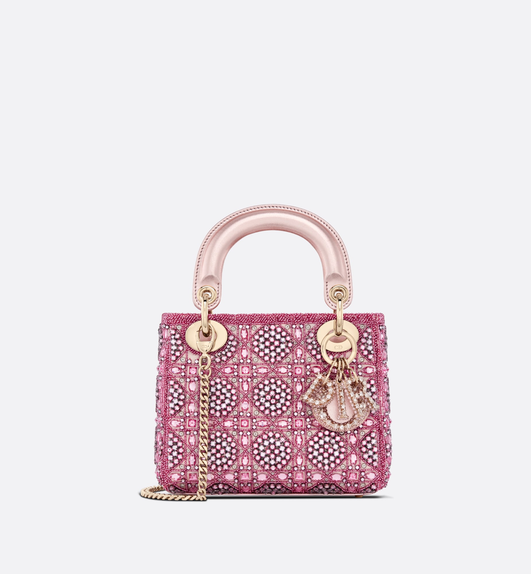 Mini lady dior bag metallic calfskin and satin with rose des vents resin pearl embroidery