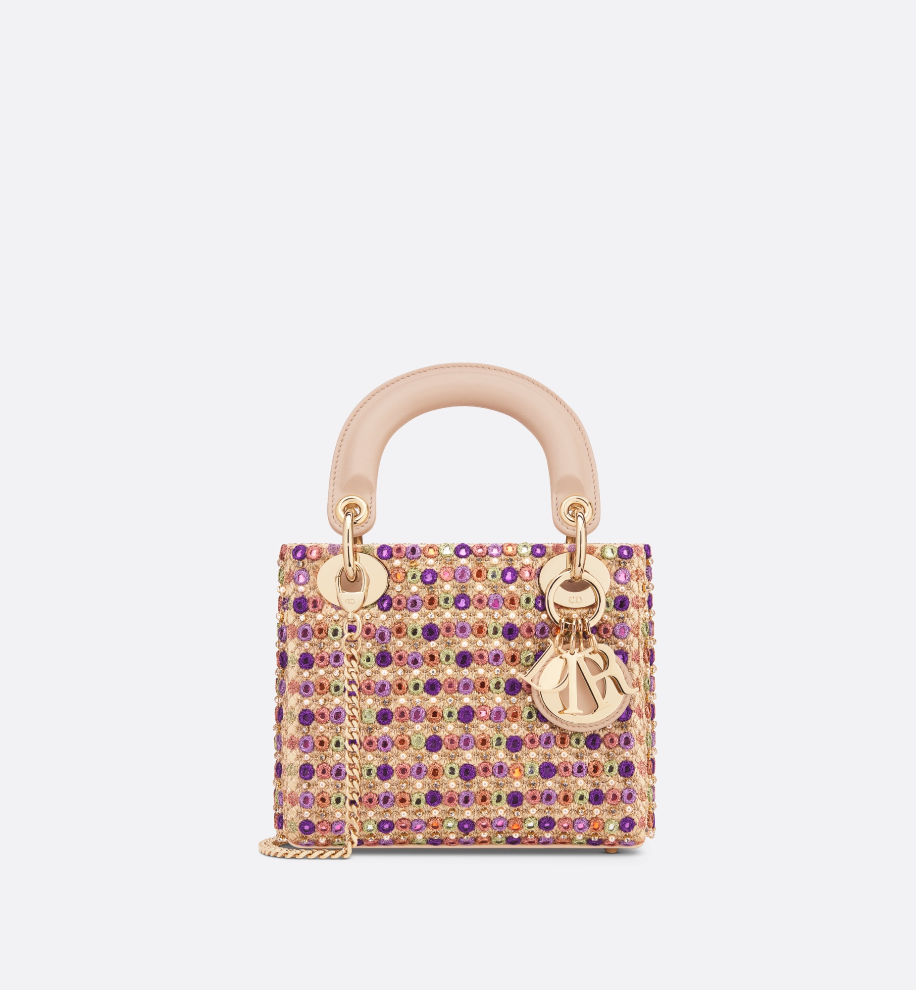 Mini lady dior bag multicolor satin embroidered with mirrors, beads and strass