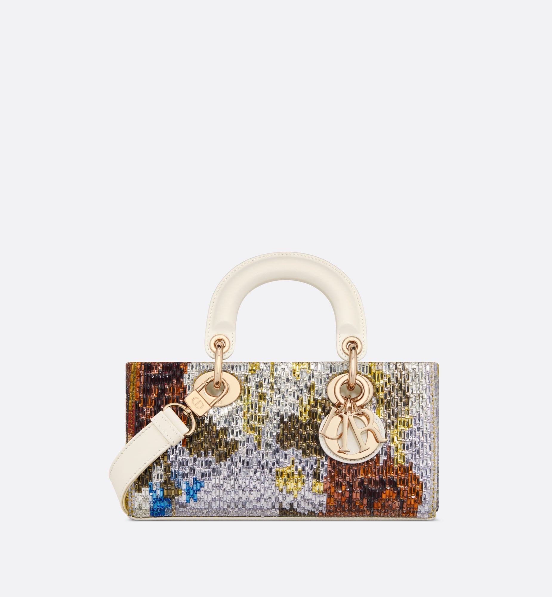 Small lady d-joy bag latte embroidery with glass bugle beads and multicolor blurred flowers corn motif dior joy bag