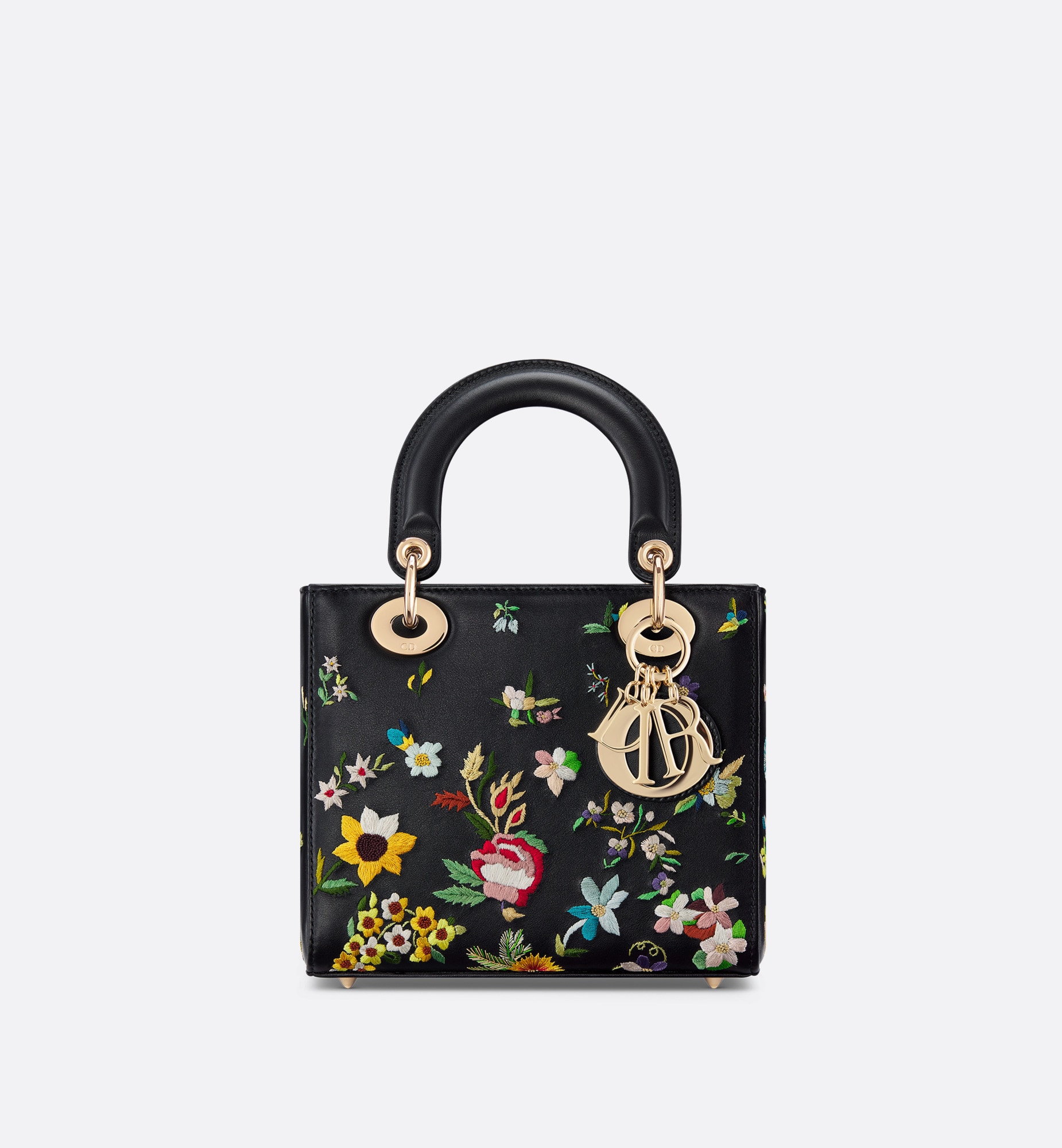Small Lady Dior Bag Black Calfskin Embroidered with Multicolor Small Flowers