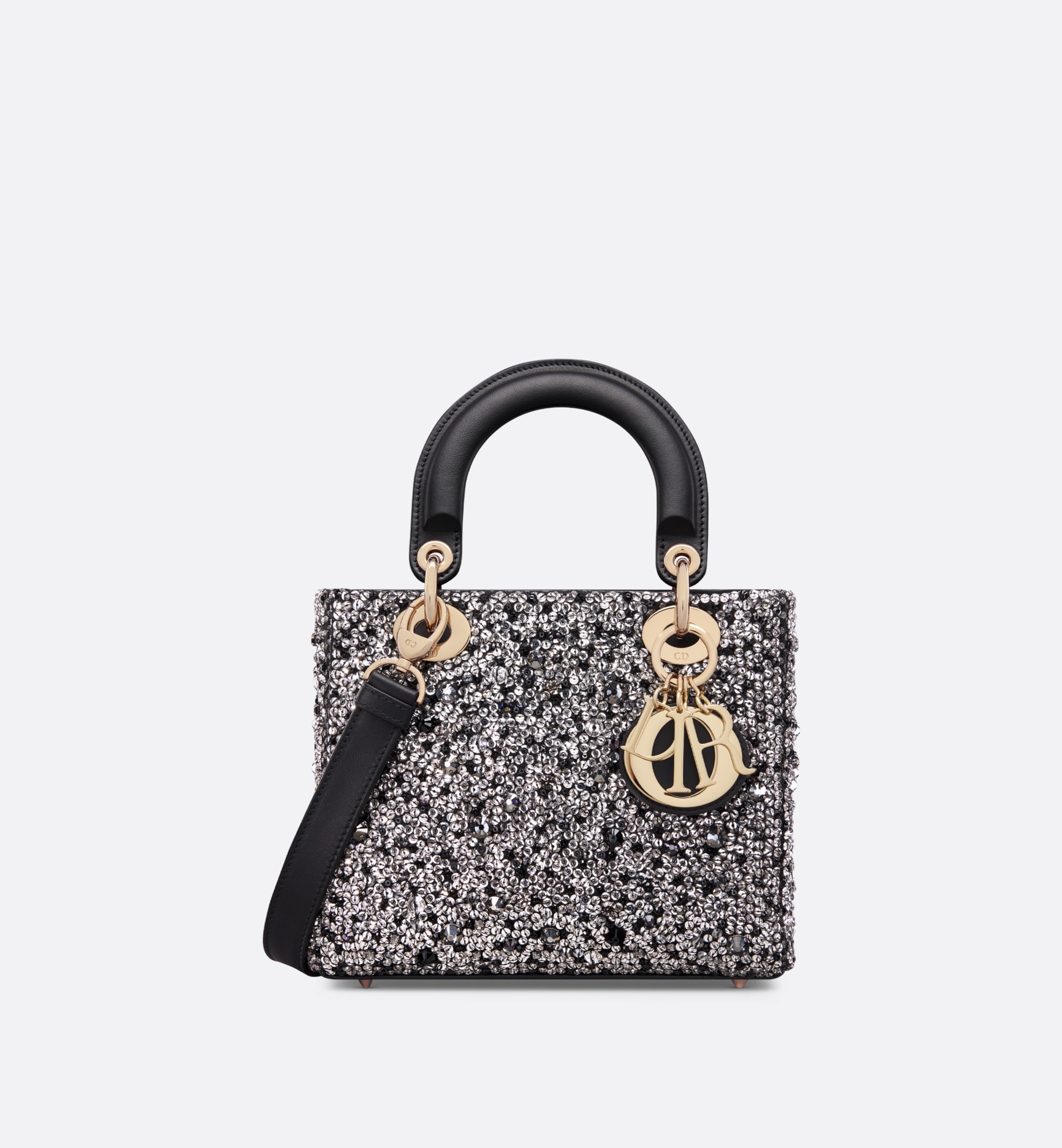 Small lady dior bag black satin embroidered with silver-tone strass