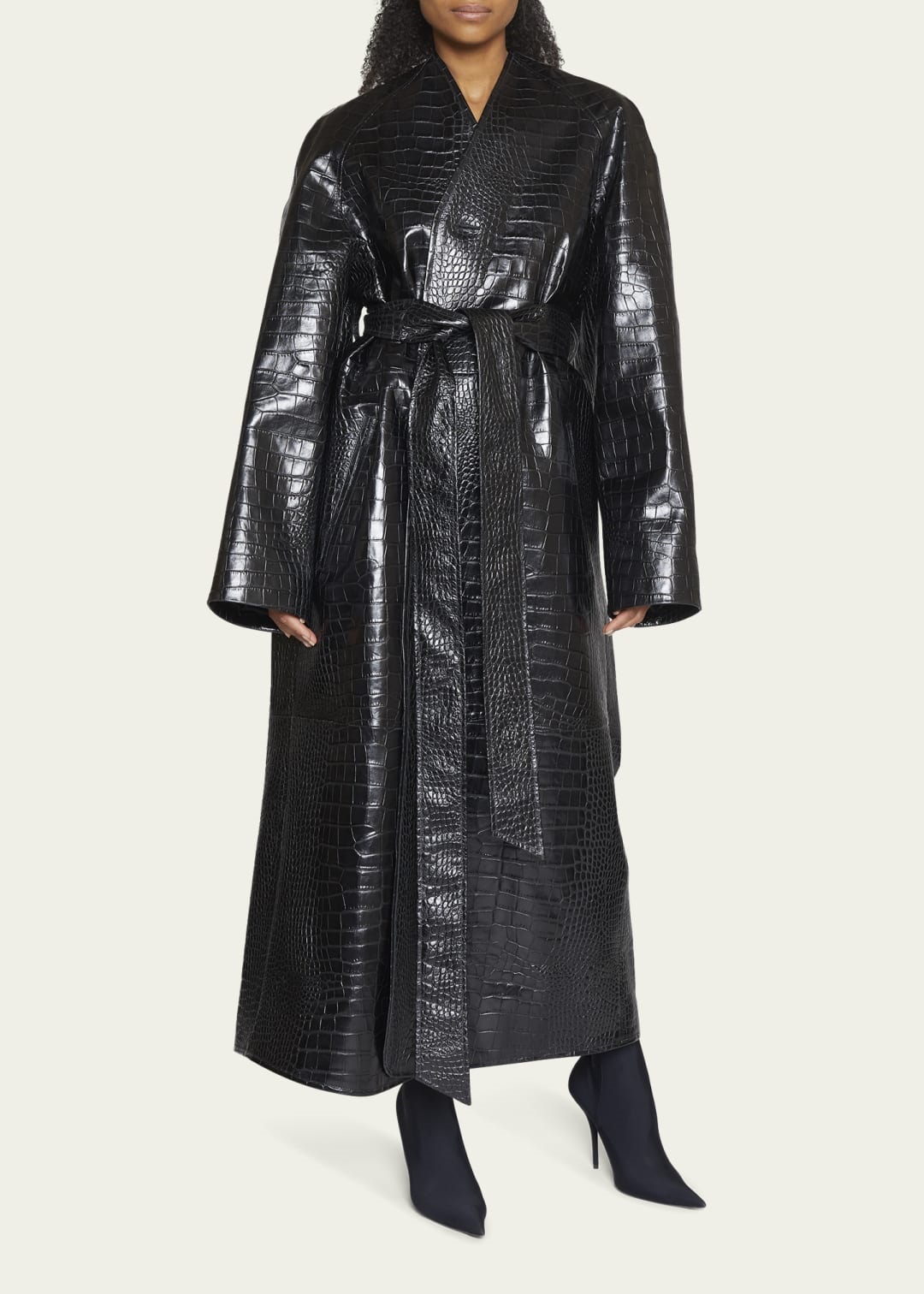 Crocodile print leather lining balenciaga leather coat black