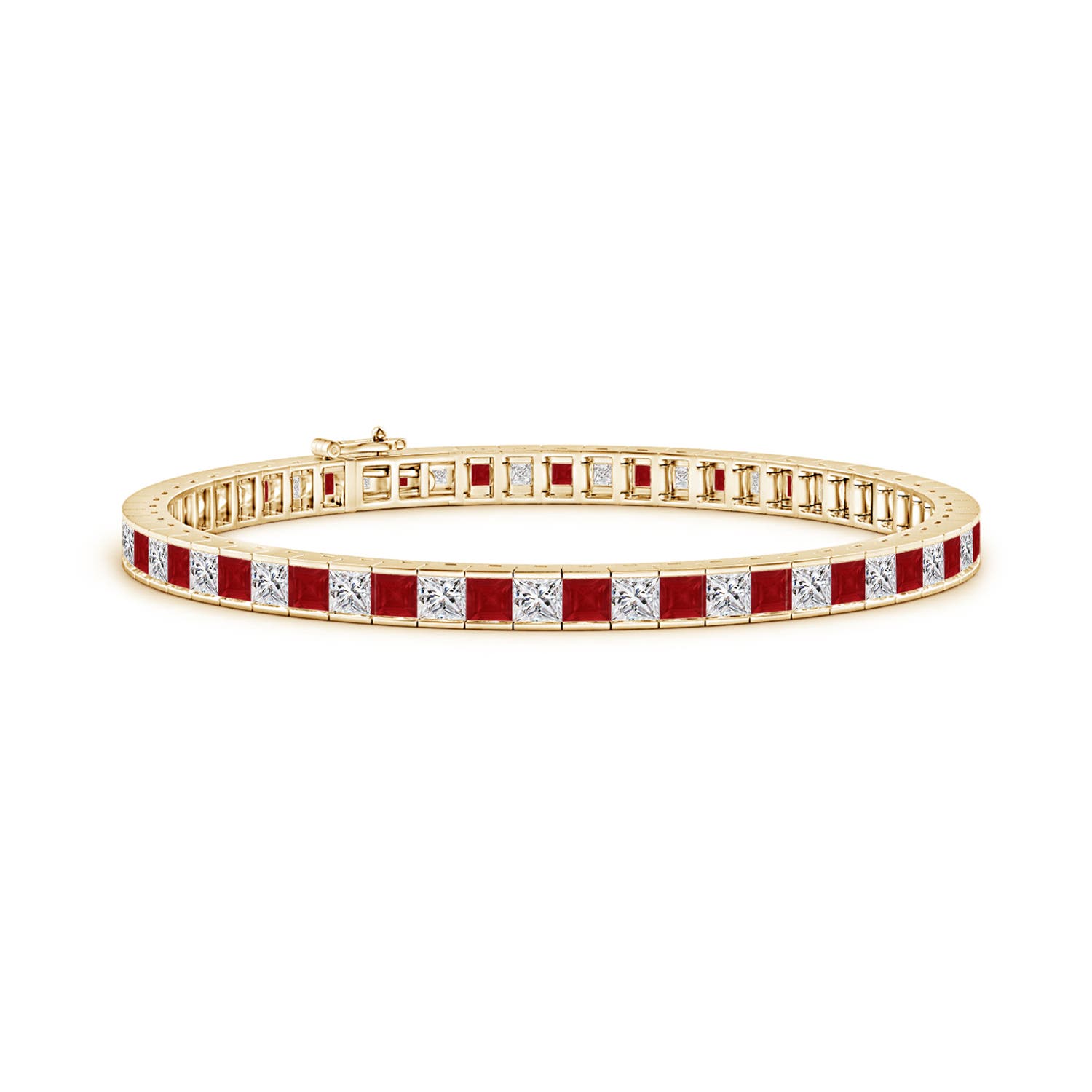 Channel-set square ruby and diamond angara tennis bracelet