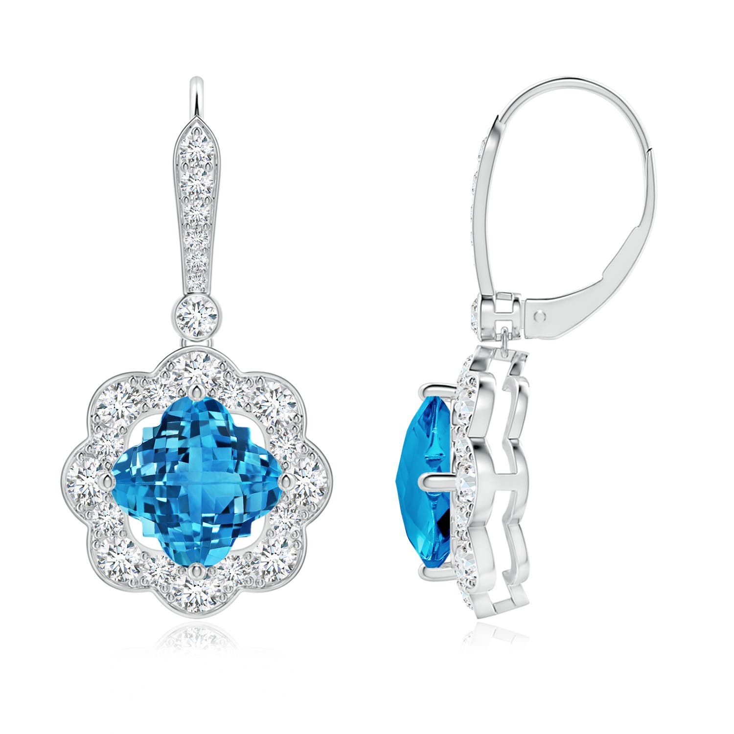 Clover-shaped swiss blue topaz scalloped halo drop angara jewelry earrings