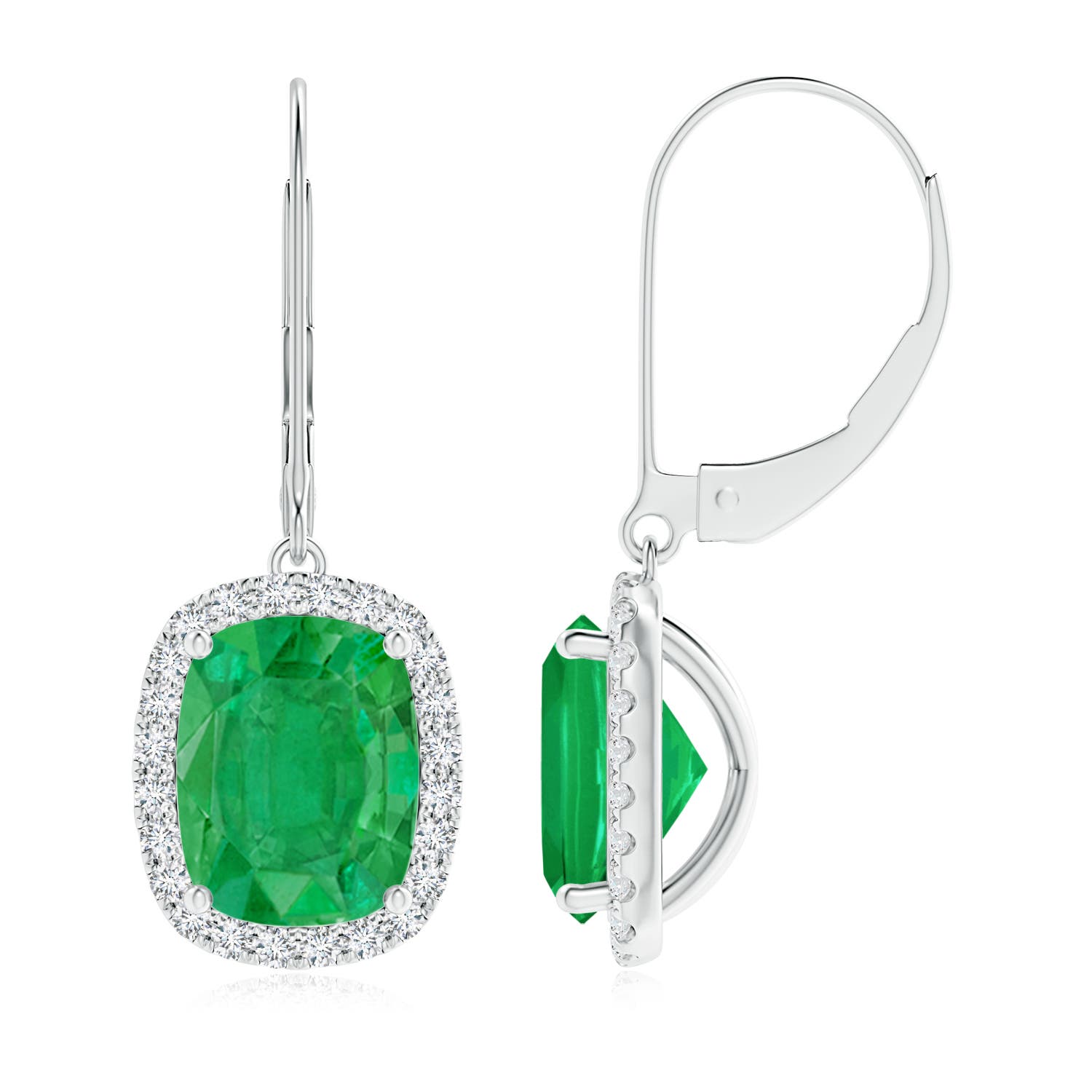Cushion emerald leverback with halo angara emerald earrings