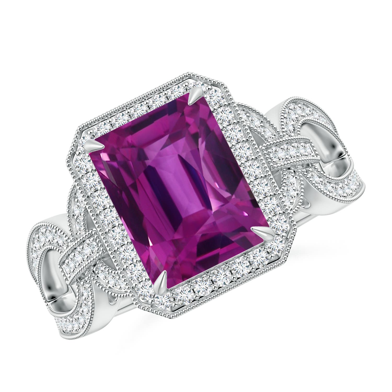 Gia certified emerald cut pink sapphire with diamond halo angara sapphire ring