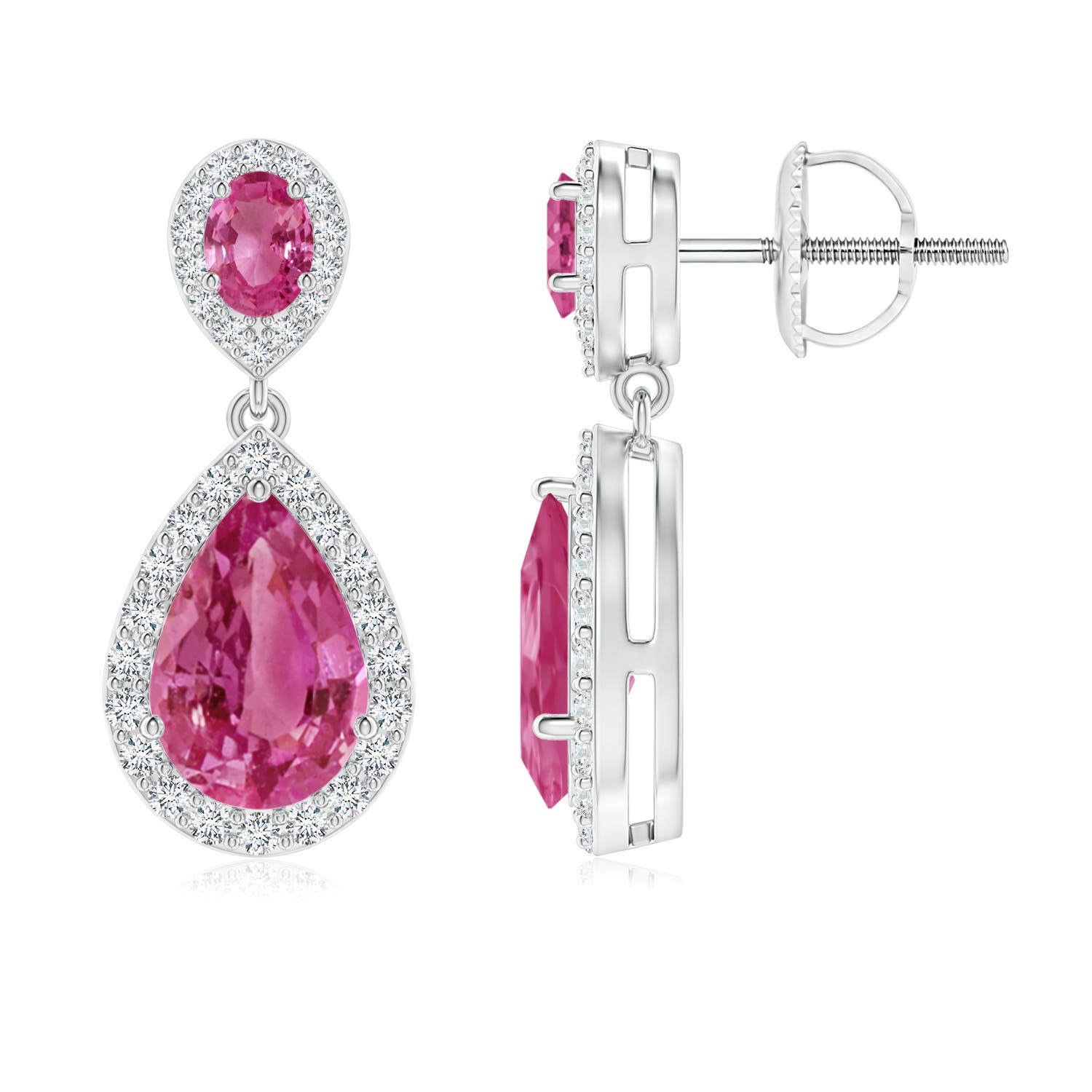 Oval & pear pink drop with diamond halo angara sapphire earrings