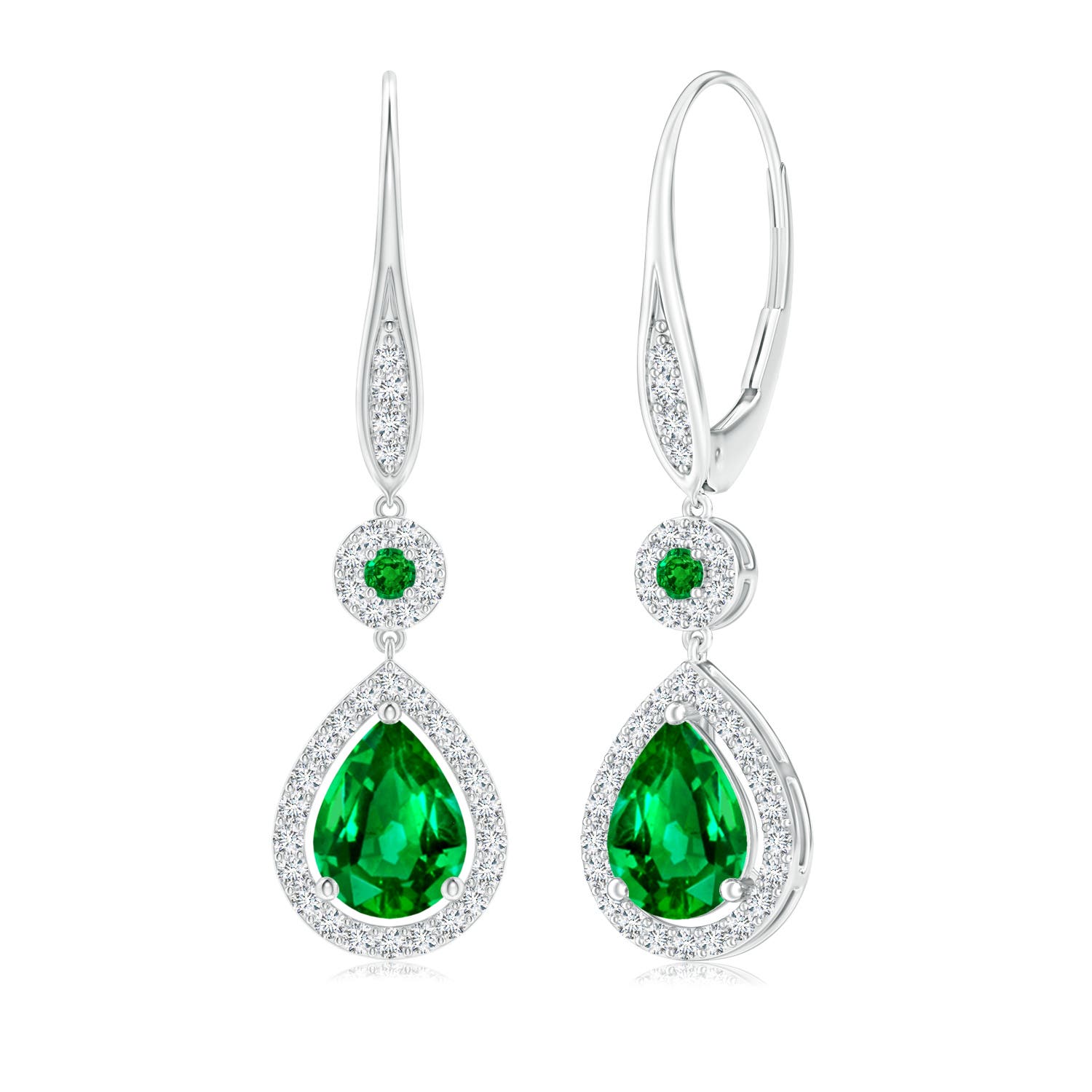 Round and pear halo leverback angara emerald earrings