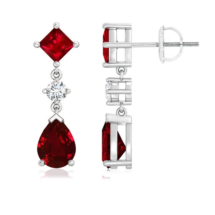 Square and pear drop with diamond angara ruby earrings